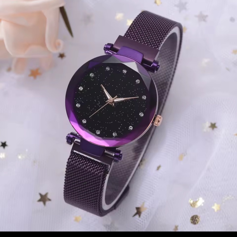 Elegant Women's Purple Watch with Starry Black Dial